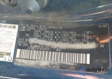 2004 Toyota Highlander from USA, damaged, VIN JTEDD21A140086591